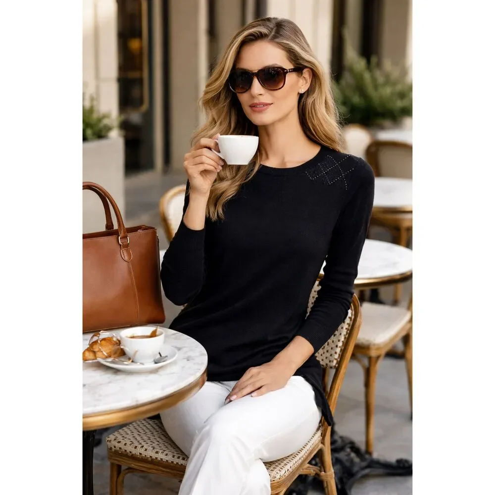 Brunello Cucinelli Cashmere Sweater Black Monili Crystal Bateau Neck L